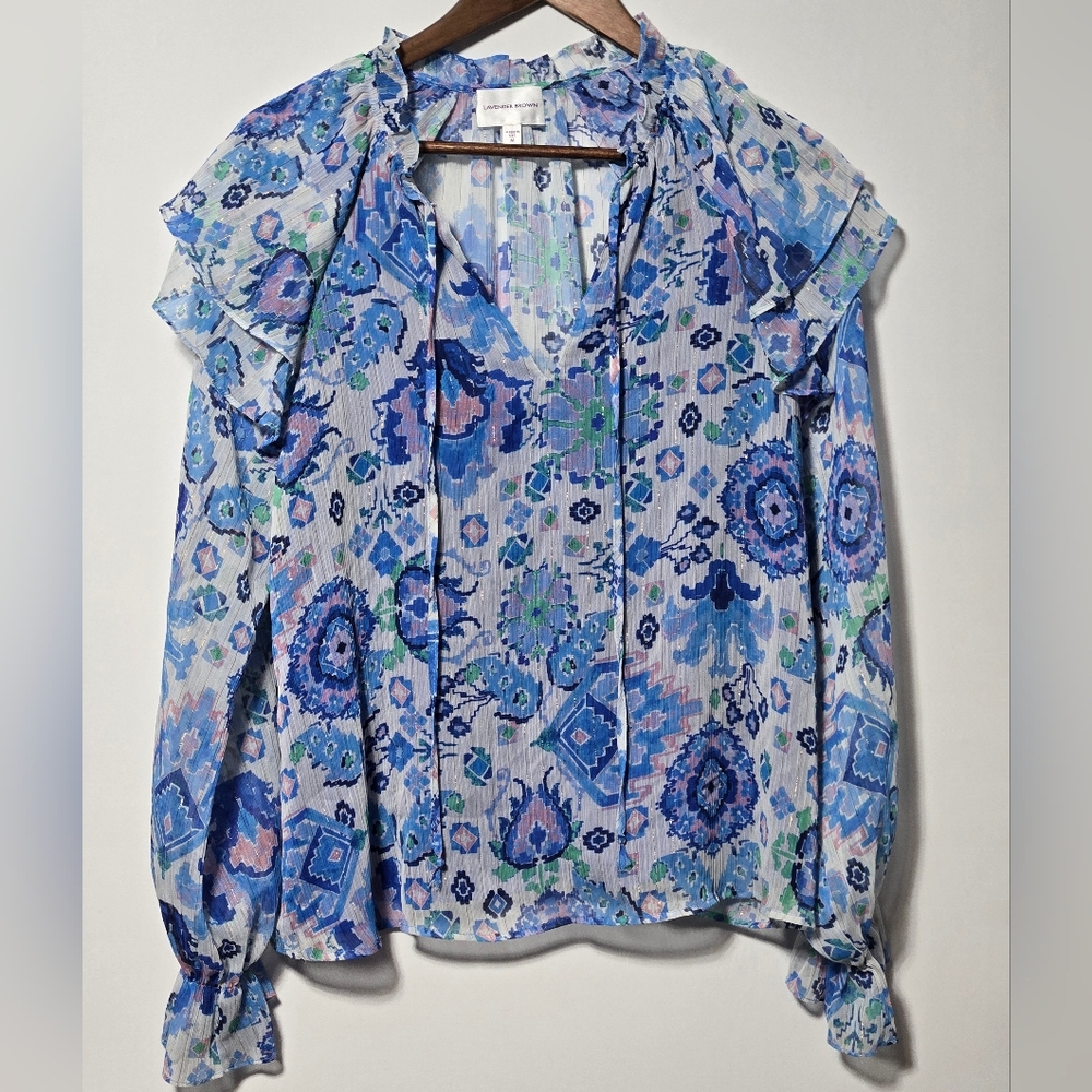 Lavender Brown Boho Floral Geometric Sheer Ruffle Blouse